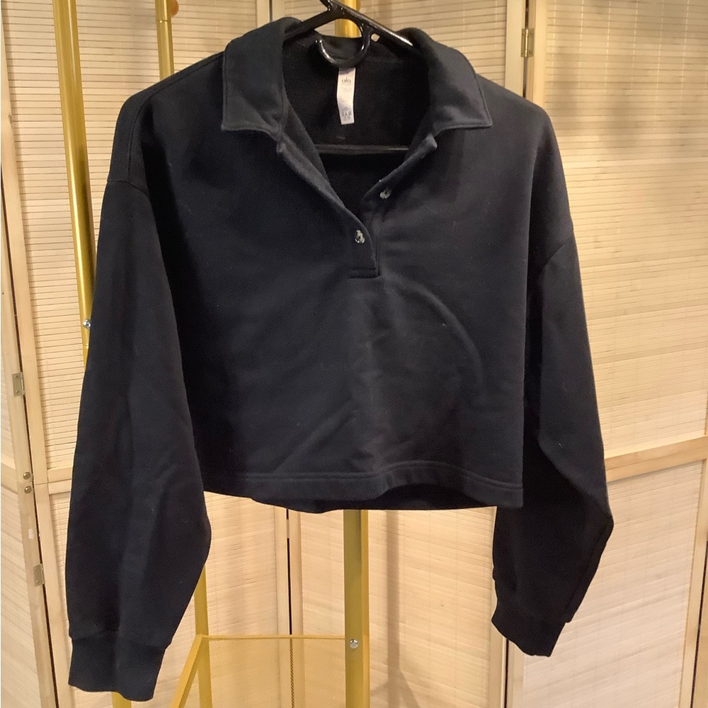 ALO Yoga Black Cropped Collared Pullover Sweatshirt